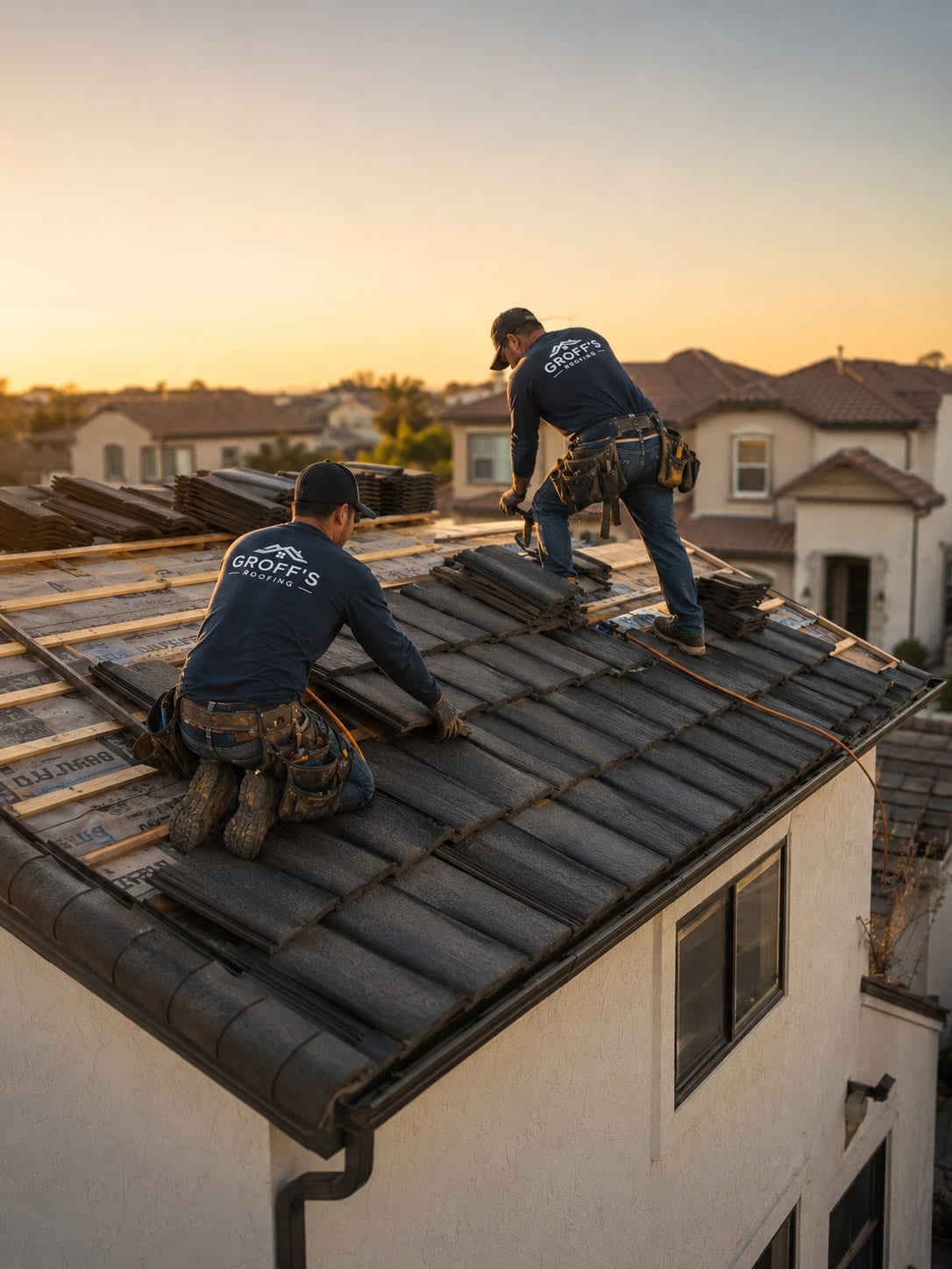 Two Groff's Roofing crew laying concrete tile on a residential roof at sunset