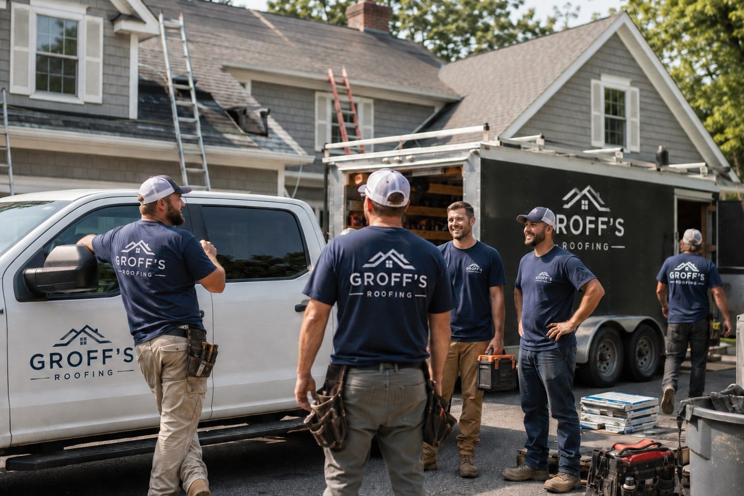 The Groff's Roofing crew at the truck and trailer at the start of a job