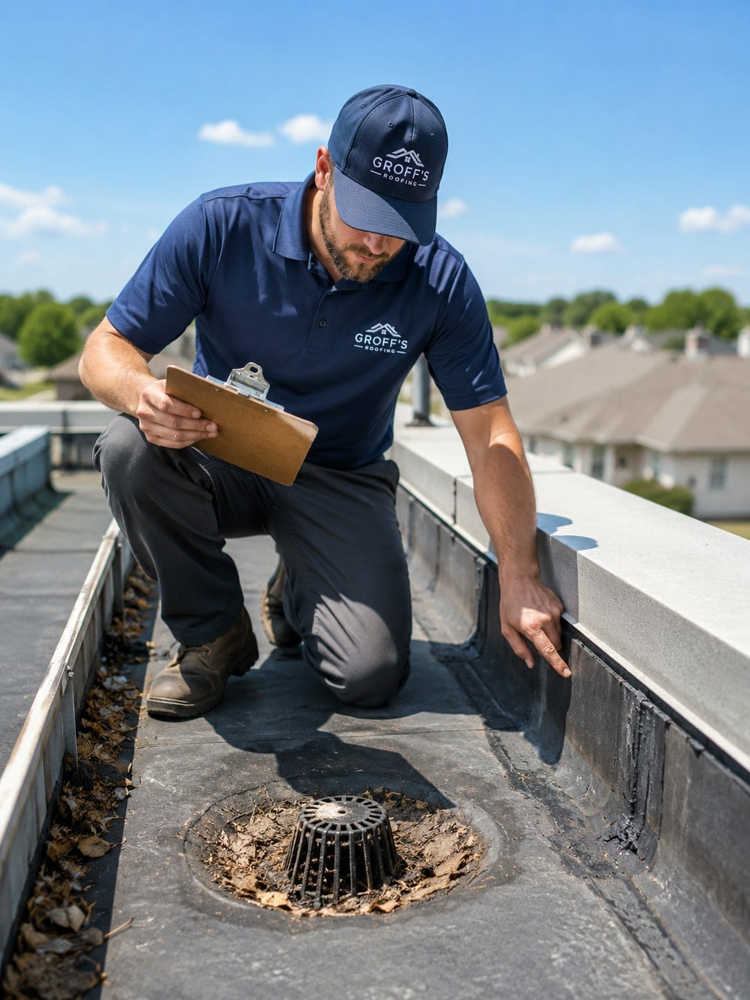 A Groff's inspector crouched beside a debris-filled roof drain, clipboard in hand, checking the parapet flashing