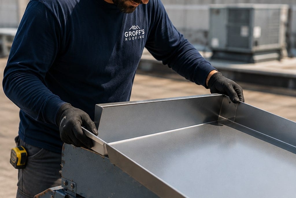 A roofer forming a length of metal on a sheet metal brake