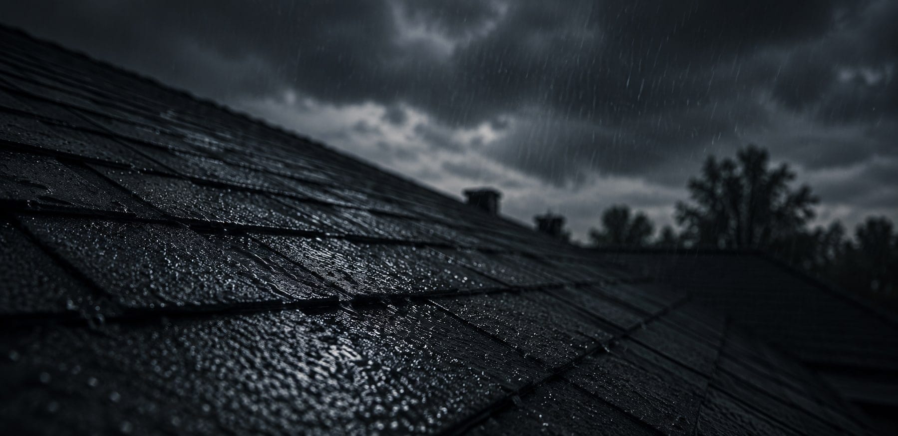 Rain running off a shingle roof at night